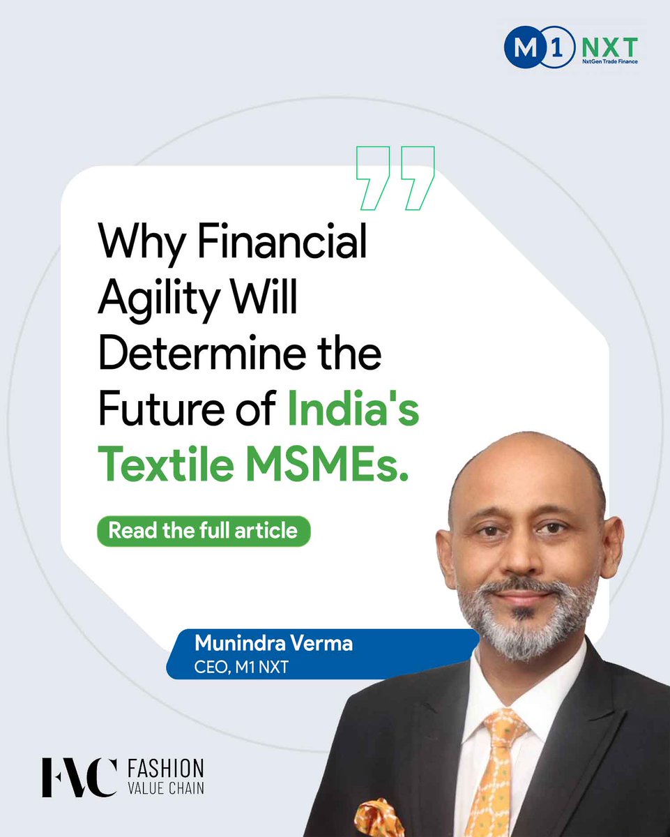 M1Nxt's tweet photo. Trade tensions are reshaping the textile sector. How can MSMEs stay resilient?

Munindra Verma, CEO, M1 NXT, shares key insights on building financial agility and strengthening cash flow.

📖Read the full article: https://t.co/ps0dHTfCSU

#M1NXT #MSME #TextileIndustry #Exports https://t.co/SqZ8t2zddI