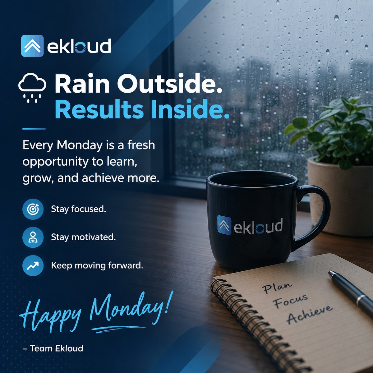 ekloudServices's tweet photo. New week. New opportunities. New achievements.
Let the rain refresh your mind and Monday fuel your ambition.
Wishing you a productive week ahead!
– Team Ekloud
#MondayMotivation #MondayVibes #CorporateLife #Monsoon #TeamEkloud #Officelife #Culture #EmployeeWork #LifeAndMusic https://t.co/eUnyHfLDRo