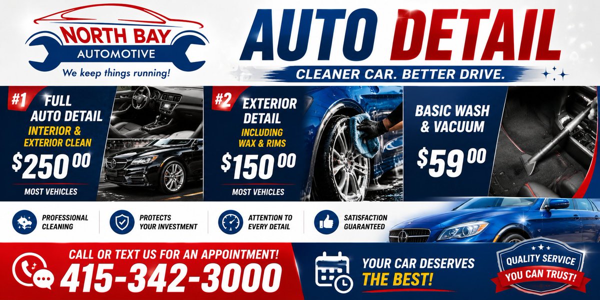 gonzalezfever's tweet photo. 🚗✨ Exciting news! North Bay now offers complete auto detailing services! Give your car the TLC it deserves. Call or text us at 415-342-3000 to schedule your appointment today! 🧼🪣 #AutoDetailing #NorthBay #CarCare #ShineOn https://t.co/ZgB9wE6r77