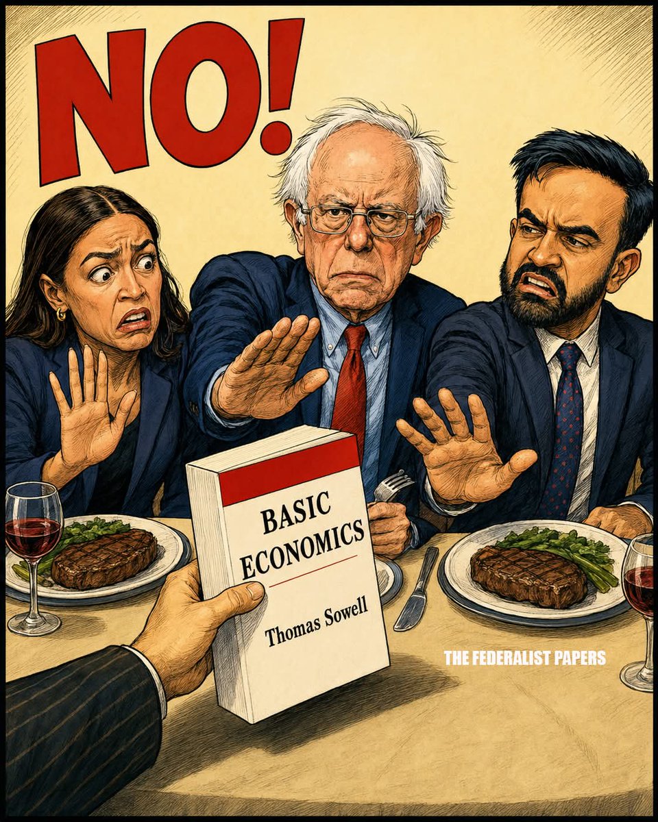 VinceSheetz's tweet photo. Bernie Sanders, Alexandria Ocasio-Cortez, and Zohran Mamdani have built their political brands around offering people more government programs, more subsidies, more price controls, and more promises that someone else will pay the bill.

But place a copy of Thomas Sowell’s Basic Economics in front of them, and the answer is an immediate, “NO!”

It is funny because it feels accurate.

All three speak as though wealth simply exists in a giant vault, waiting for politicians to divide it up. They rarely acknowledge that wealth must first be created by people who work, invest, build businesses, take risks, and produce something others value.

They talk endlessly about redistributing the results of capitalism while attacking the system that generated those results.

Basic economics teaches that incentives matter. Raise the cost of hiring and businesses hire fewer workers. 

Punish investment and less investment occurs. Cap prices below market levels and shortages develop. 

Make housing construction more difficult and rents rise. Promise unlimited benefits without controlling costs and taxpayers eventually receive the bill.

These are not complicated mysteries. They are predictable consequences.

Yet Sanders, AOC, and Mamdani continue selling the same fantasy, government can mandate prosperity, regulate away scarcity, and tax its way into abundance.

Reality does not work that way.

Government can redistribute money, but it cannot redistribute money that was never created. 

It can order prices lower, but it cannot force businesses to produce goods at a loss. It can declare housing a right, but that declaration does not build a single apartment.

That is why this cartoon works. It captures an entire political ideology in one simple image. The people lecturing America about economics appear unwilling to absorb its most basic lessons.

They love the promises of socialism, but they reject the economic facts that reveal why those promises repeatedly fail.

Do you think Sanders, AOC, and Mamdani misunderstand basic economics, or do they understand it and simply believe the promises are politically useful?