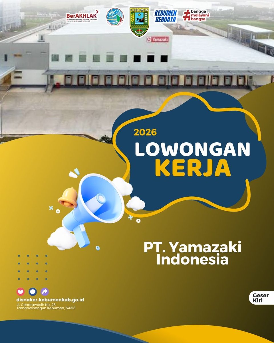 DisnakerKebumen's tweet photo. — Update Info Loker 2026 —
Hai #SahabatKerja 👋✨
Loker terbaru sudah tersedia di Disnaker Kebumen!
---------------------------------
🏢 : PT. Yamazaki Indonesia
Posisi :
1. Operator Produksi
------------------------
Kirim Lamaran:
Email : recruitment@yamazaki.co.id https://t.co/nPSdhd7lcl