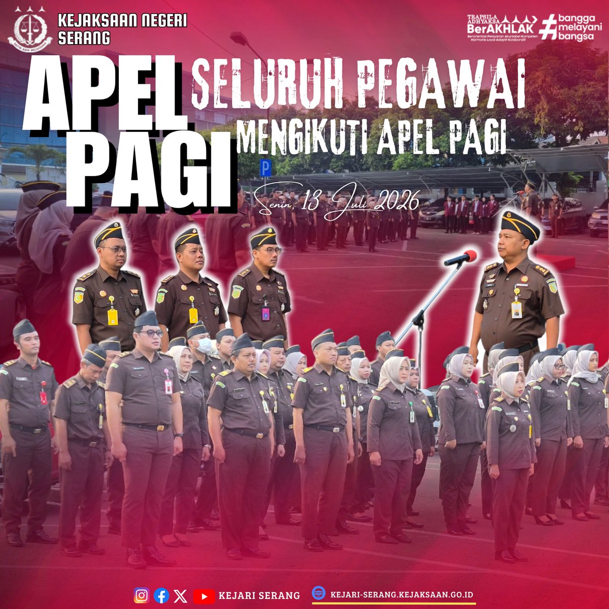 kejariserang's tweet photo. Senin 13 Juli 2026, Kejaksaan Negeri Serang melaksanakan Apel Pagi yang diikuti oleh Pegawai, Honor dan Kamdal Pada Kejaksaan Negeri Serang. Kepala Sub Bagian Pembinaan Pada Kejaksaan Negeri Serang Bapak Taufik Hidayat, S.H., M.H. bertindak sebagai Penerima Apel. https://t.co/rYpld4wVJT