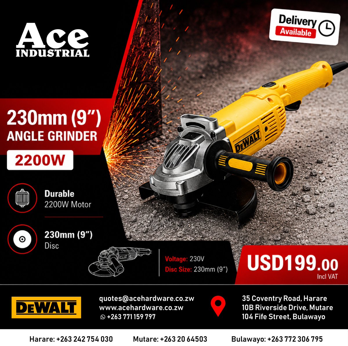 AceHardwarezim's tweet photo. ⚡ Power Through Every Job with DeWALT.

✔️ Powerful 2200W Motor
✔️ 230mm (9”) Disc Capacity
✔️ Rugged, Durable Design

💲 Only USD $199.00 (Incl. VAT)
🚚 Delivery Available
📌 Harare | 📌 Mutare | 📌 Bulawayo

🛒 Order yours today or request a quote:
https://t.co/9aRGLMRVAL https://t.co/jWATYP6ZkN