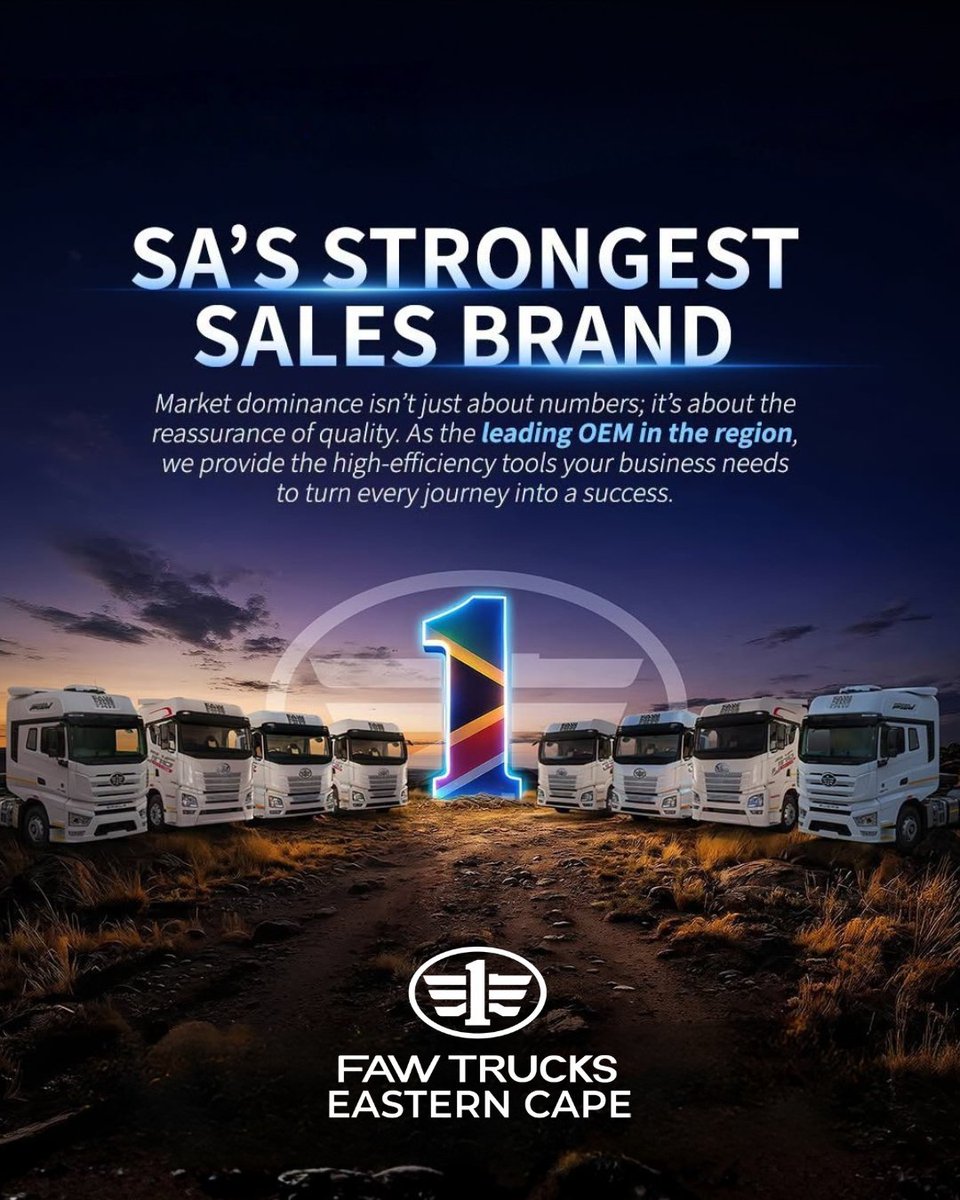 FawCape's tweet photo. Number One for a reason. 🏆🚛

When businesses across South Africa choose FAW, they're choosing proven performance, reliability, and value. 

Thank you to every customer who continues to put their trust in the FAW brand.

Built to perform. Trusted to deliver. https://t.co/i2KFsxCDEo