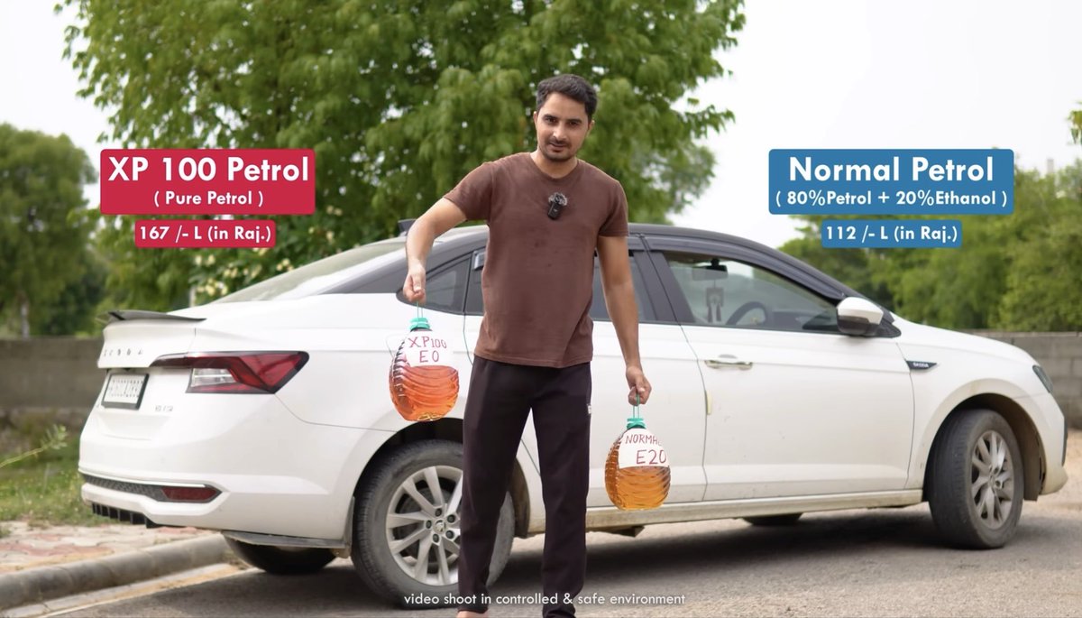 Portfolio_Bull's tweet photo. A YouTuber named Rider Veer Ji conducted a mileage test on a 2.5-year-old Skoda Slavia 1.5 TSI Manual, comparing E20 Petrol and XP100 Petrol.

• E20 Petrol (20% Ethanol, ₹112/L) • XP100 Petrol (0% Ethanol, ₹167/L)

Test 1: 5L E20 Petrol
 • Average Speed: 57 km/h • Distance: 97 km • Mileage: 19.2 km/l

Test 2: 5L XP100 Petrol
 • Average Speed: 61 km/h • Distance: 116 km • Mileage: 23.2 km/l

Result: 
XP100 covered 19 km more on the same 5 litres, delivering around 21% better mileage in this test.

Govt claim: E20 reduces mileage by 3–5%.

This test: ~19–21% lower mileage with E20.