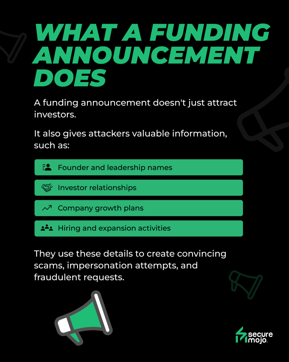 SecureMojo's tweet photo. Attackers don't just celebrate your funding announcement. 👀
They see it as the perfect time to target your startup. ⚠️ 

#SecureMojo #FounderSecurity #StartupFunding #StartupSecurity #BusinessSecurity #StartupFounders #CyberRisk #SocialEngineering #DigitalTrust #CyberSafety https://t.co/S9CJuutuYl