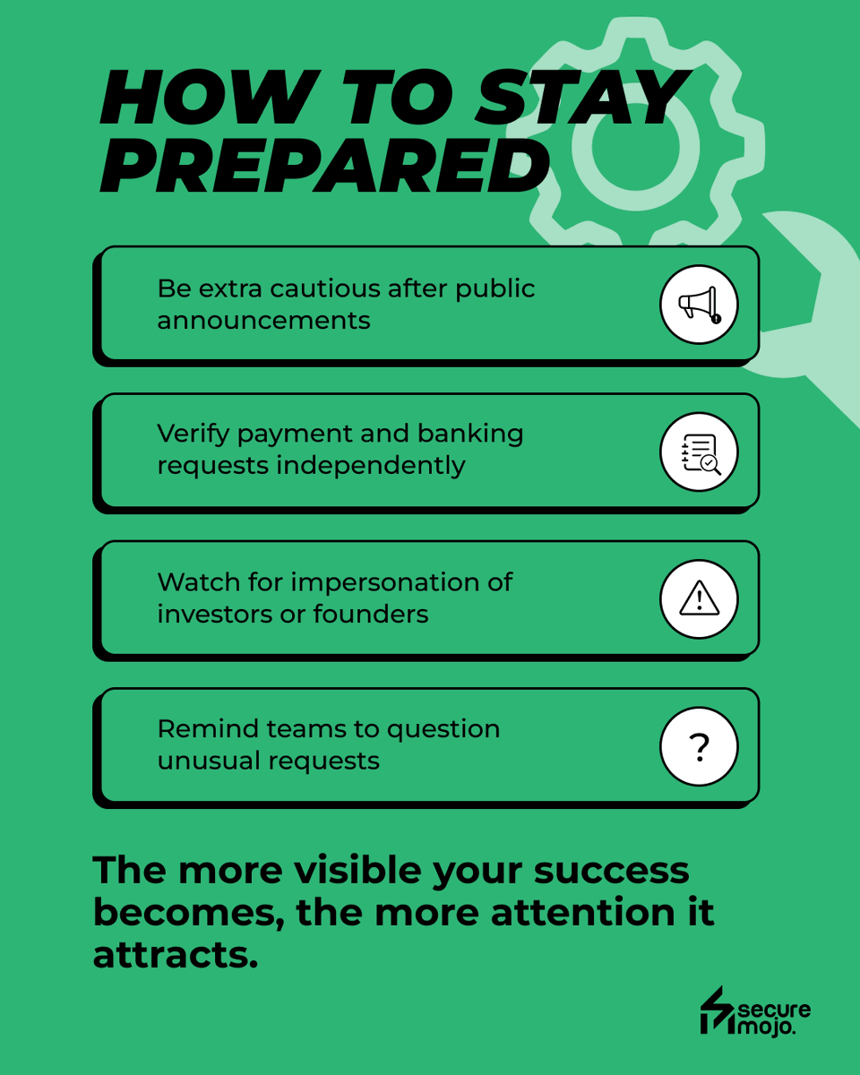 SecureMojo's tweet photo. Attackers don't just celebrate your funding announcement. 👀
They see it as the perfect time to target your startup. ⚠️ 

#SecureMojo #FounderSecurity #StartupFunding #StartupSecurity #BusinessSecurity #StartupFounders #CyberRisk #SocialEngineering #DigitalTrust #CyberSafety https://t.co/S9CJuutuYl