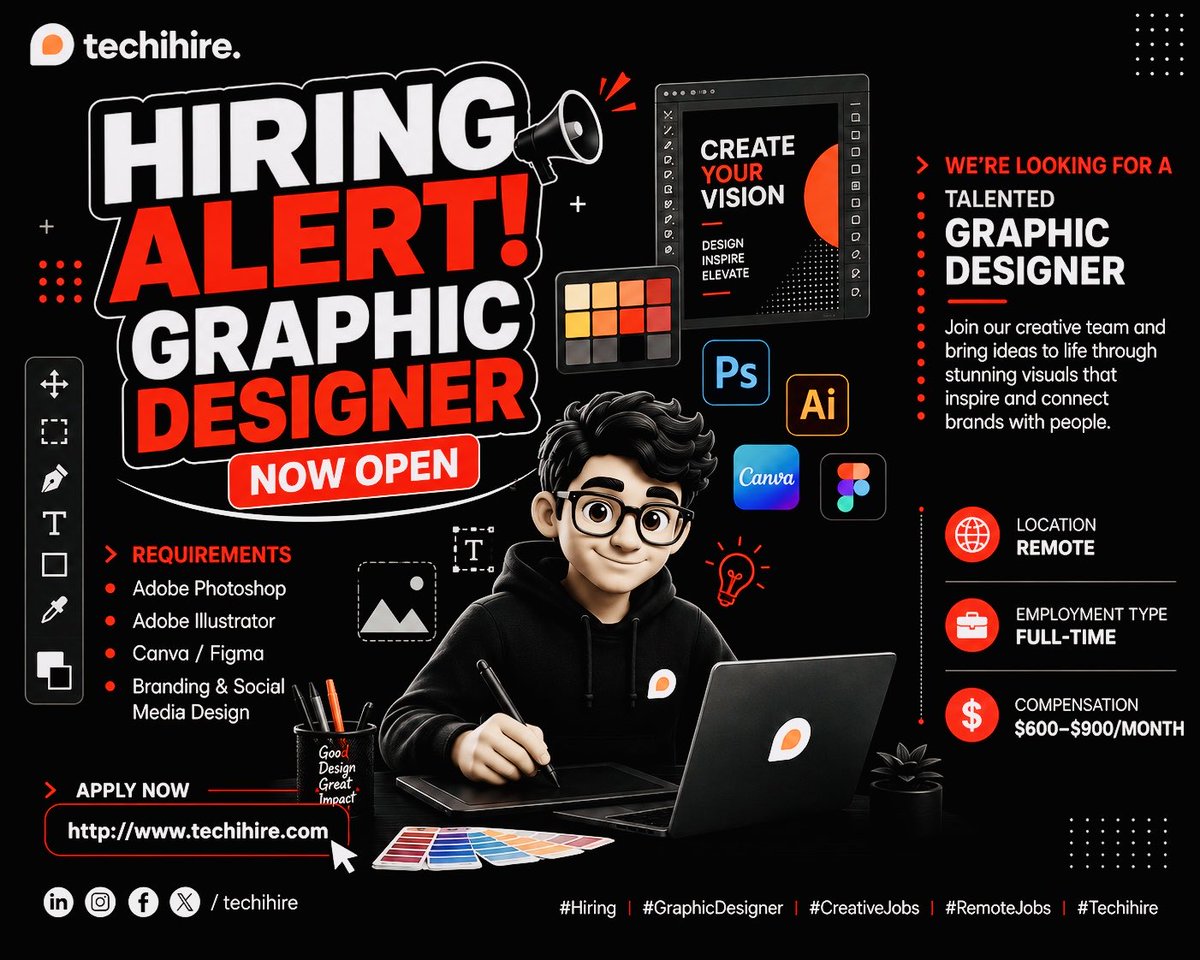 real_techihire's tweet photo. Hiring Alert: Graphic Designer
Compensation: $600–$900/month
Apply Now: https://t.co/yEGSiQCt07
We’re looking for a talented Graphic Designer.
Location: Remote
Employment Type: Full-Time
#Hiring #GraphicDesigner #CreativeJobs #RemoteJobs #Techihire https://t.co/tiZA4pjRdU