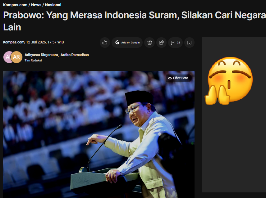 karirfess's tweet photo. Prabowo bilang: "Silakan kalau mau cari negara lain."

Padahal...
Negara ini milik kita semua. Saya lahir di sini, tumbuh di sini, bekerja di sini, dan bayar pajak di sini. Hidup saya nggak dibiayai siapa pun, termasuk pejabat.

Gaji para pemimpin juga dari APBN yang bersumber dari pajak rakyat. Jadi jangan karena lagi pegang kekuasaan, lalu gampang-gampang nyuruh rakyat cabut.

Mengkritik pemerintah bukan berarti nggak cinta negara. Justru karena ini negara gue, gue punya hak buat ngomong kalau ada yang salah.

Yang harus diperbaiki itu kebijakannya, bukan suara rakyatnya.

Mari kita jaga Indonesia ini dengan kepala dingin dan saling menghargai..