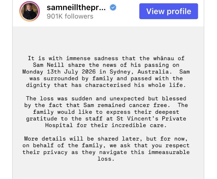 Suzierizzo1's tweet photo. The amazing actor from numerous hit movies like Jurassic Park Sam Neill has passed away at the age of 78 today at St. Vincent’s private hospital in Sydney,Australia surrounded by his family. The loss was sudden and unexpected and my heart goes out to his family. https://t.co/VWBZ6wiBth