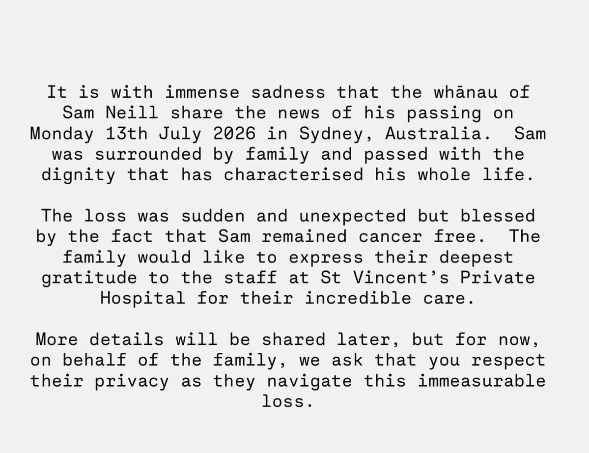 Osint613's tweet photo. JUST IN: Jurassic Park actor Sam Neill has died, his family says. https://t.co/wc8NaFJ3Qq