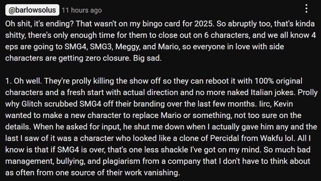 lumirunner's tweet photo. He spoke about Glitch briefly before, having alluded to plagiarism and bad work conditions happening at the company. This post was a response to when their long-running machinima series SMG4 ended in 2025, to the surprise of many fans. https://t.co/hsQffF2nJF