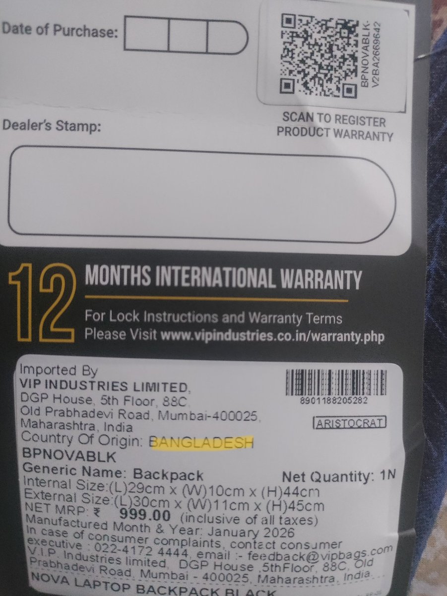 paulmaster10's tweet photo. Looks like India's own companies like VIP does not believe in make in India &amp; imports from Bangladesh. https://t.co/j5aTCSbsm9