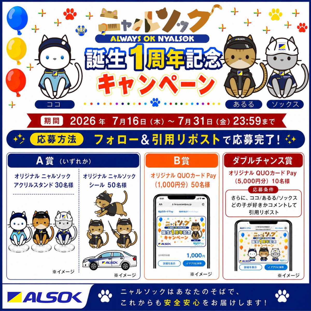 ALSOKnow's tweet photo. ＼ニャルソック誕生1周年記念キャンペーンスタート／

@ALSOKnowをフォロー＆希望の商品番号を付けて引用RP🔄
抽選で #ニャルソック グッズやQUOカードPayが当たる🎉

①（いずれか）オリジナルニャルソックアクリルスタンド　30名様／オリジナルニャルソックシール　50名様
②QUOカードPay 1,000円分　50名様

さらに「ココ/あるる/ソックスどの子が好きかコメント」でWチャンス！

※応募要項をご確認ください。
https://t.co/9GAqhFb7RP