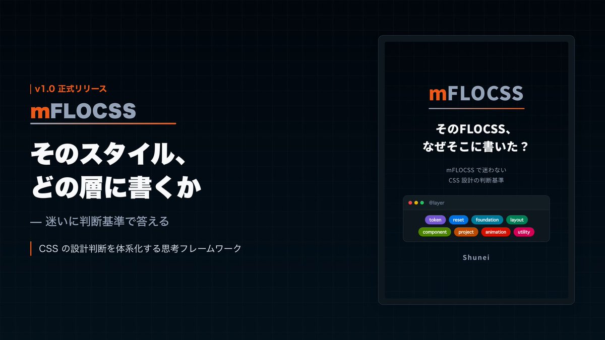 shunei_web's tweet photo. 【mFLOCSS v1.0 リリース】

「そのスタイル、どの層に書くか」。CSS 設計のこの迷いに、判断基準で答える思考フレームワーク mFLOCSS の正式版を公開しました。

・仕様書（GitHub、CC BY-SA 4.0）
・リファレンス実装
・書籍（Zenn、導入と第 1 章は無料）
・公式サイト

FLOCSS で育った設計を、モダン CSS で続けられる形にしました✨