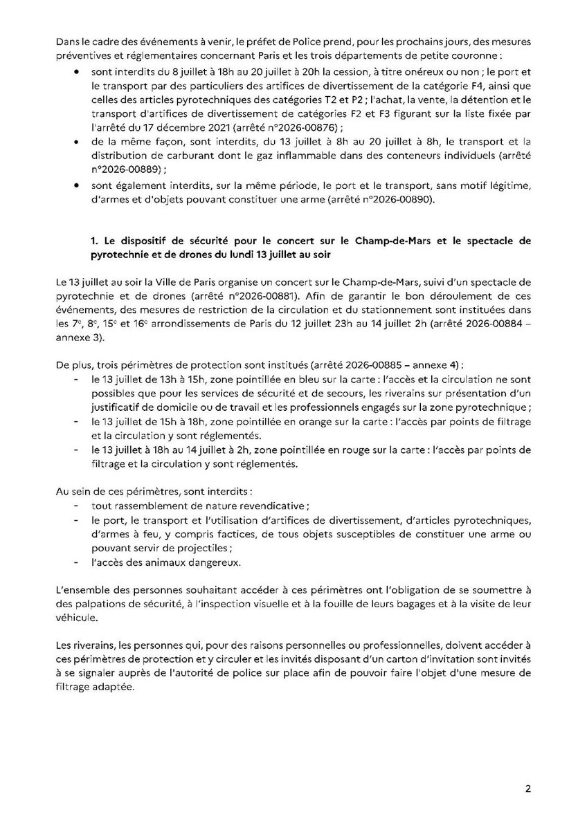 prefpolice's tweet photo. Les 13 et 14 juillet 2026, les festivités se succèdent dans l’agglomération parisienne.

Afin de garantir le bon déroulement de ces deux journées et soirées, la @prefpolice déploie un dispositif de sécurisation renforcé afin de prévenir tout trouble à l’ordre public.

Consultez notre communiqué de presse 👇