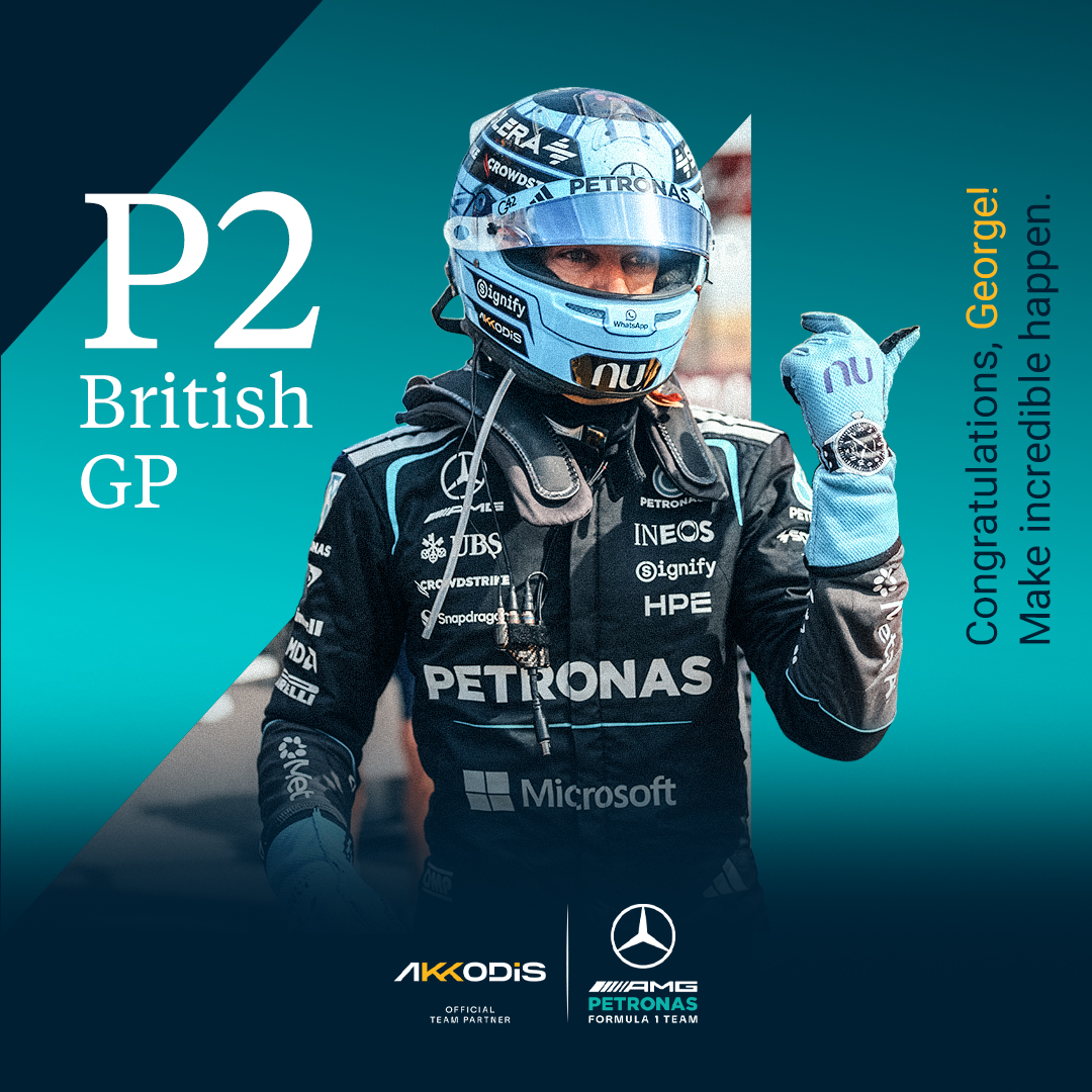 jamesbottari's tweet photo. George Russell on the podium! 🏁

Congratulations to George and the Mercedes-AMG PETRONAS Formula One Team on a hard-earned result at the British GP.

Precision, data and marginal gains, turned into performance when it matters most. That's the spirit we're proud to… https://t.co/K6y7tHUblZ