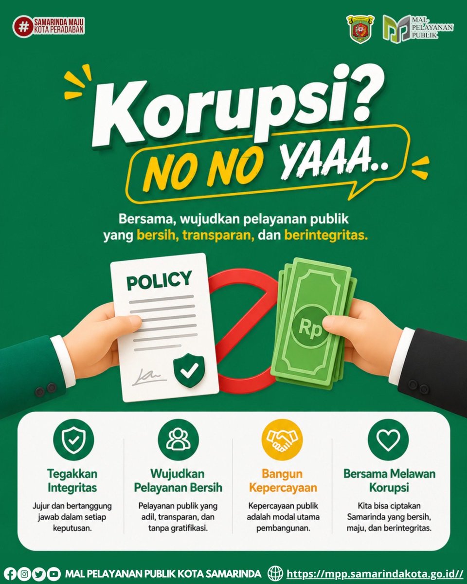 mppsmr_official's tweet photo. Kalau ada yang bilang "bisa dibantu asal..." 🚩

Jawab aja:
"NO NO YAAA!" 🙅

DPMPTSP Kota Samarinda berkomitmen memberikan pelayanan yang bersih, transparan, dan bebas dari korupsi, kolusi, serta nepotisme.

Karena pelayanan terbaik nggak butuh jalan pintas. https://t.co/D6QsopKzsU