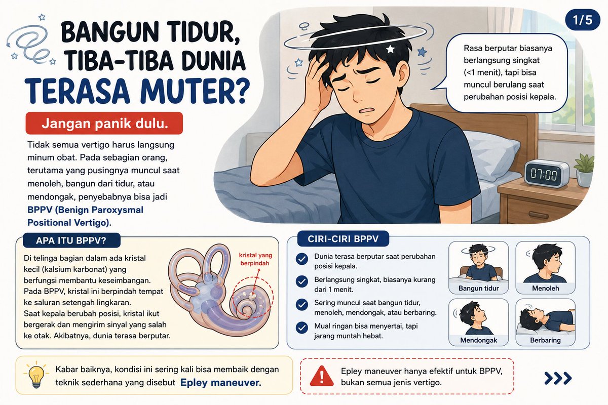 tb_siswadi's tweet photo. Pernah bangun tidur, terus pas nengok tiba-tiba dunia muter?

Kalau iya, jangan langsung panik.
Salah satu penyebab vertigo yang paling sering adalah BPPV. 

Penyebabnya bukan karena "masuk angin", tapi karena ada kristal kecil di telinga bagian dalam yang bergeser dari tempatnya.

Setiap kali kepala berubah posisi, misalnya bangun dari tidur, menoleh, atau mendongak, kristal ini ikut bergerak dan membuat otak menerima sinyal yang salah. 

Akibatnya, ruangan terasa berputar meski tubuh kita diam.
Kabar baiknya, kondisi ini sering kali bisa diatasi tanpa operasi, bahkan pada banyak kasus cukup dengan Epley maneuver.

Apa itu ?