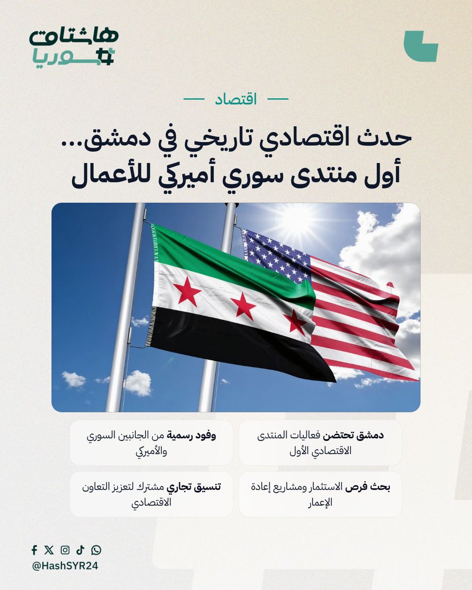 HashSYR24's tweet photo. دمشق تستضيف اليوم أول منتدى للأعمال السوري الأميركي لبحث فرص الاستثمار ومشاريع إعادة الإعمار بحضور وفود رسمية واقتصادية من الجانبين. هل سيغير هذا المنتدى المشهد الاقتصادي؟
#هاشتاق_سوريا #HashSYR24 #اقتصاد https://t.co/Q7OoN9WCSU