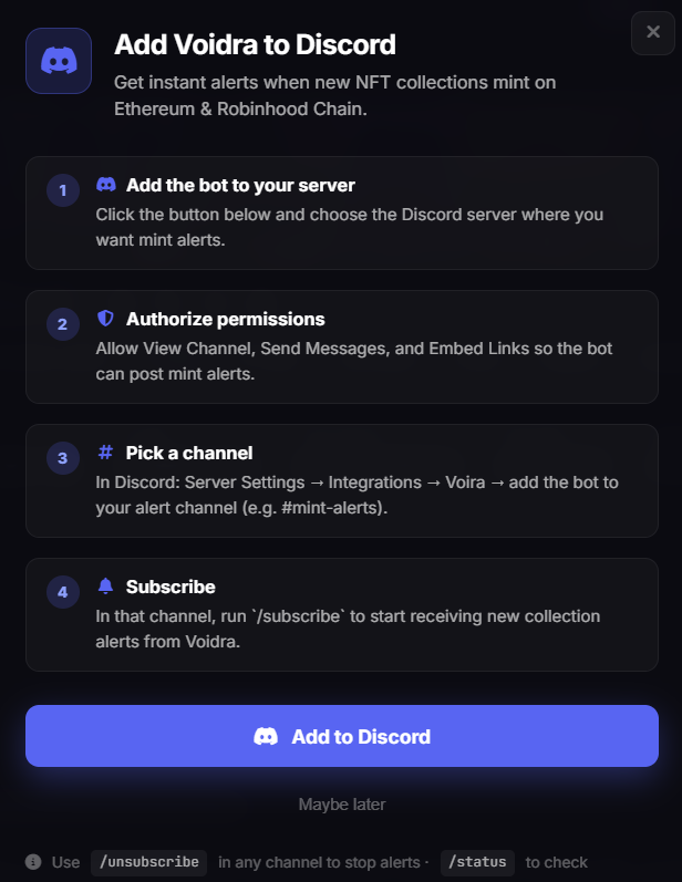 0xvoidra's tweet photo. Stop refreshing explorers.

Voidra now sends new mint alerts straight to your Discord channel.

Add bot → /subscribe → done.

Live on @ethereum  + @RobinhoodApp 

https://t.co/994olX7pTx https://t.co/S0Ijgf9gZ9