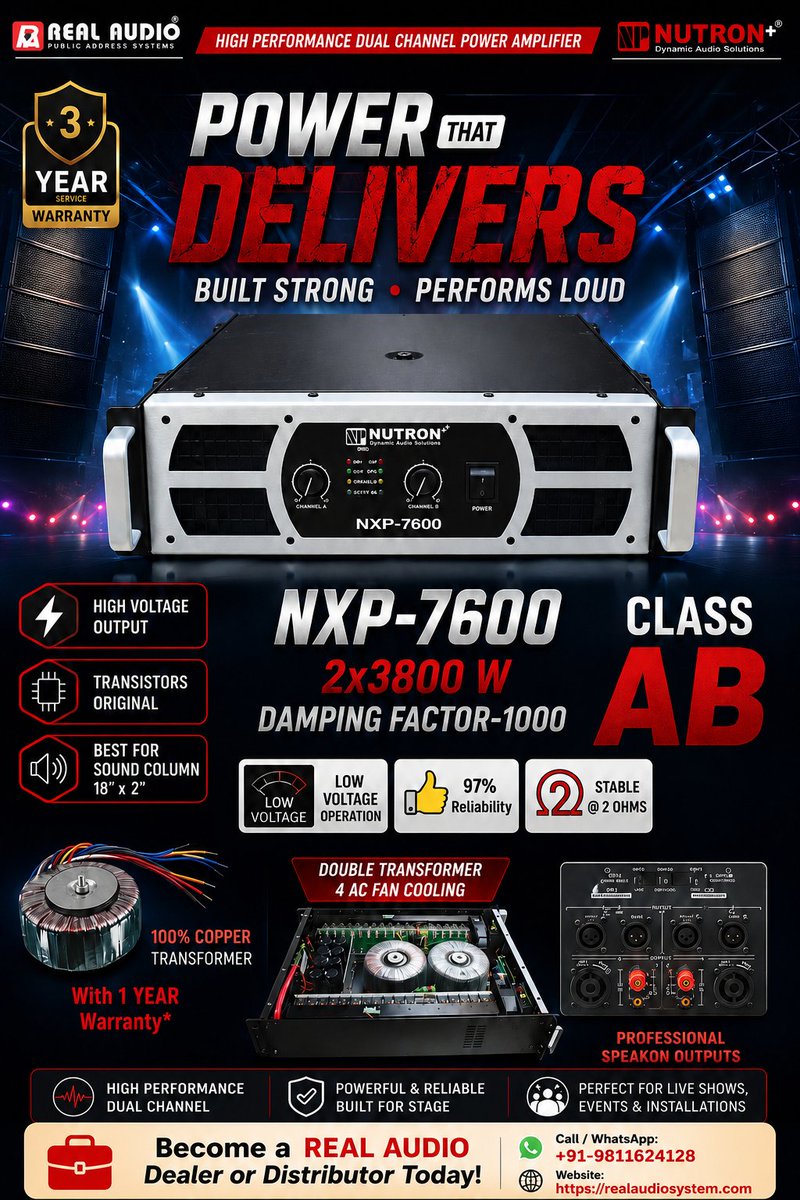 realaudio_dj's tweet photo. 🔊 NXP-7600 Class AB Dual Channel Power #Amplifier
💼 Become a REAL AUDIO Dealer or Distributor Today!
📞+91-9811624128
🌐 https://t.co/sP7Dz8sJIJ

#realaudio #nxp7600 #nutronplus #nutron+ #ClassABAmplifier #amplifier #djamplifier #poweramplifier #professionalaudio #djequipment https://t.co/G9vJp3eOBb