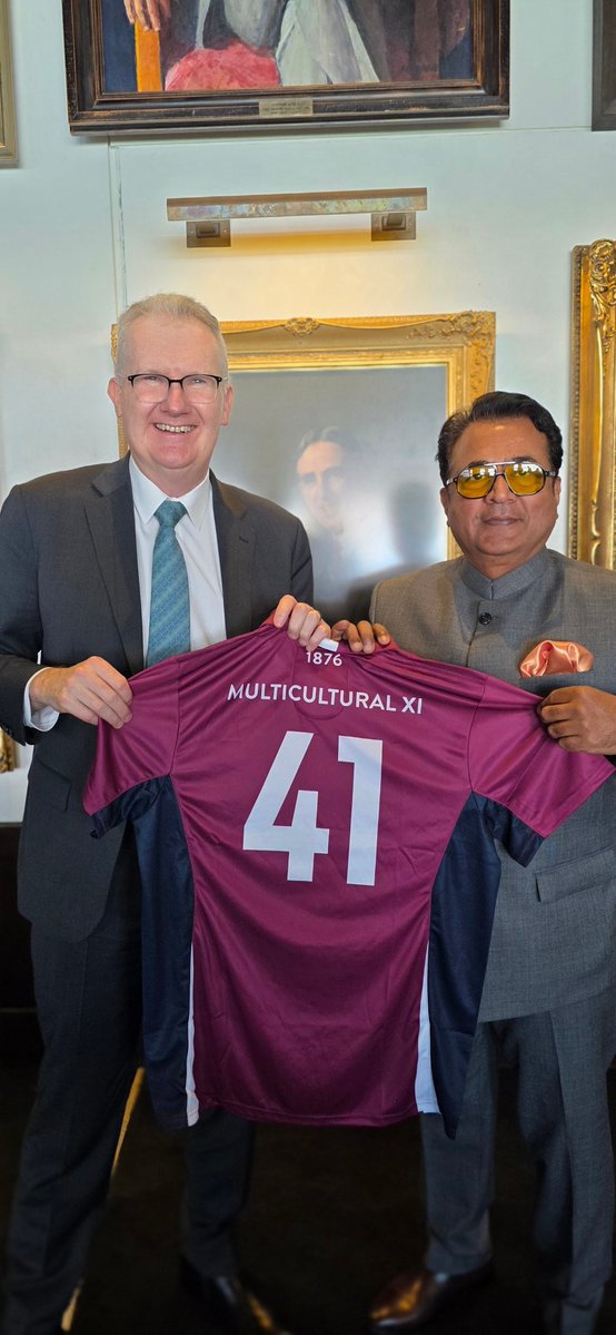 ashutoshmisra70's tweet photo. An honour to meet you @Tony_Burke at the lunch hosted by Hon. PM @AlboMP for Hon. @narendramodi at the MCG. Thank you for accepting the historic @qldcricket Multicultural XI jersey and sharing our Project Multicultural activities. @CricketAus @BCCI @ICC @PMOIndia @HCICanberra https://t.co/j8pAA2Ym7M