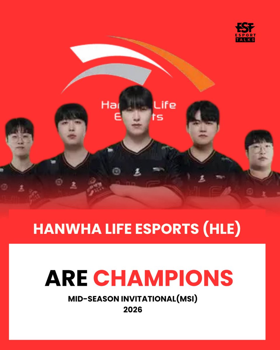 TheEsportTalks's tweet photo. Hahwha Life Esports are the MSI 2026 champion.. this wins give the HLS team opportunity to compete at worlds 2026 with #LCK playoff qualification.

#esporttalks #MSIchampionship https://t.co/9oMikb1UBJ