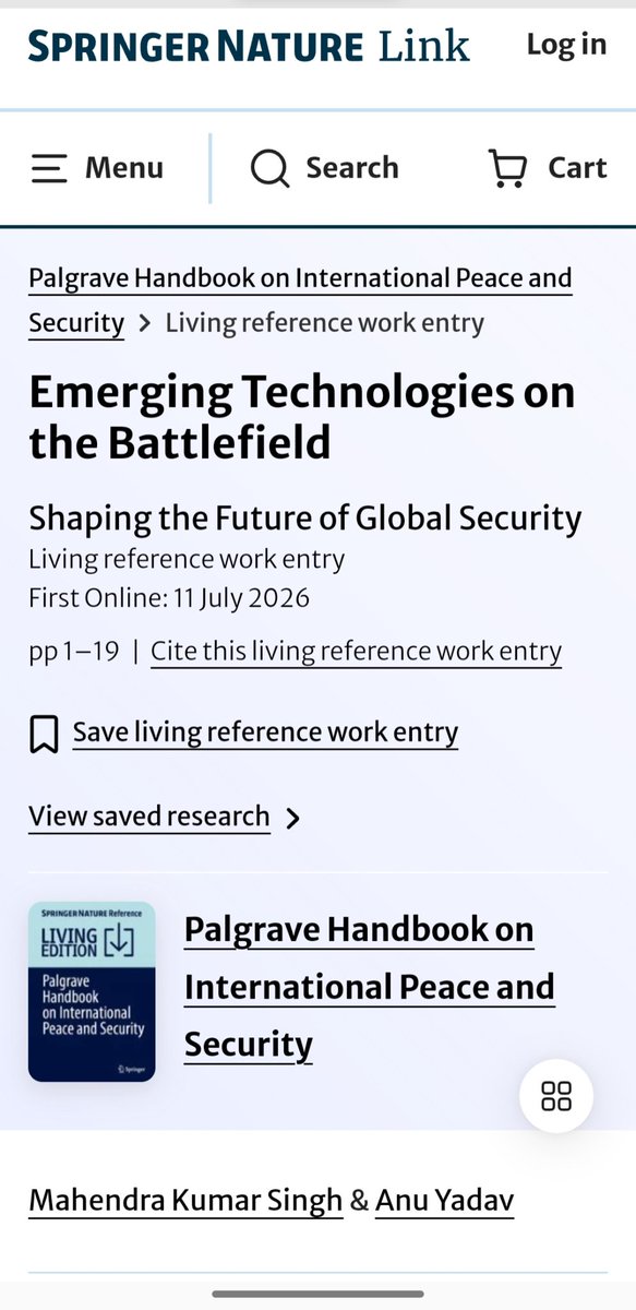 MKSinghGkp's tweet photo. Delighted to share my chapter, "Emerging Technologies on the Battlefield: Shaping the Future of Global Security," published in the prestigious Palgrave Handbook on International Peace and Security by Springer Nature. 
I sincerely thank Prof @shanteshjnu for providing opportunity https://t.co/BYDWGPKsL8