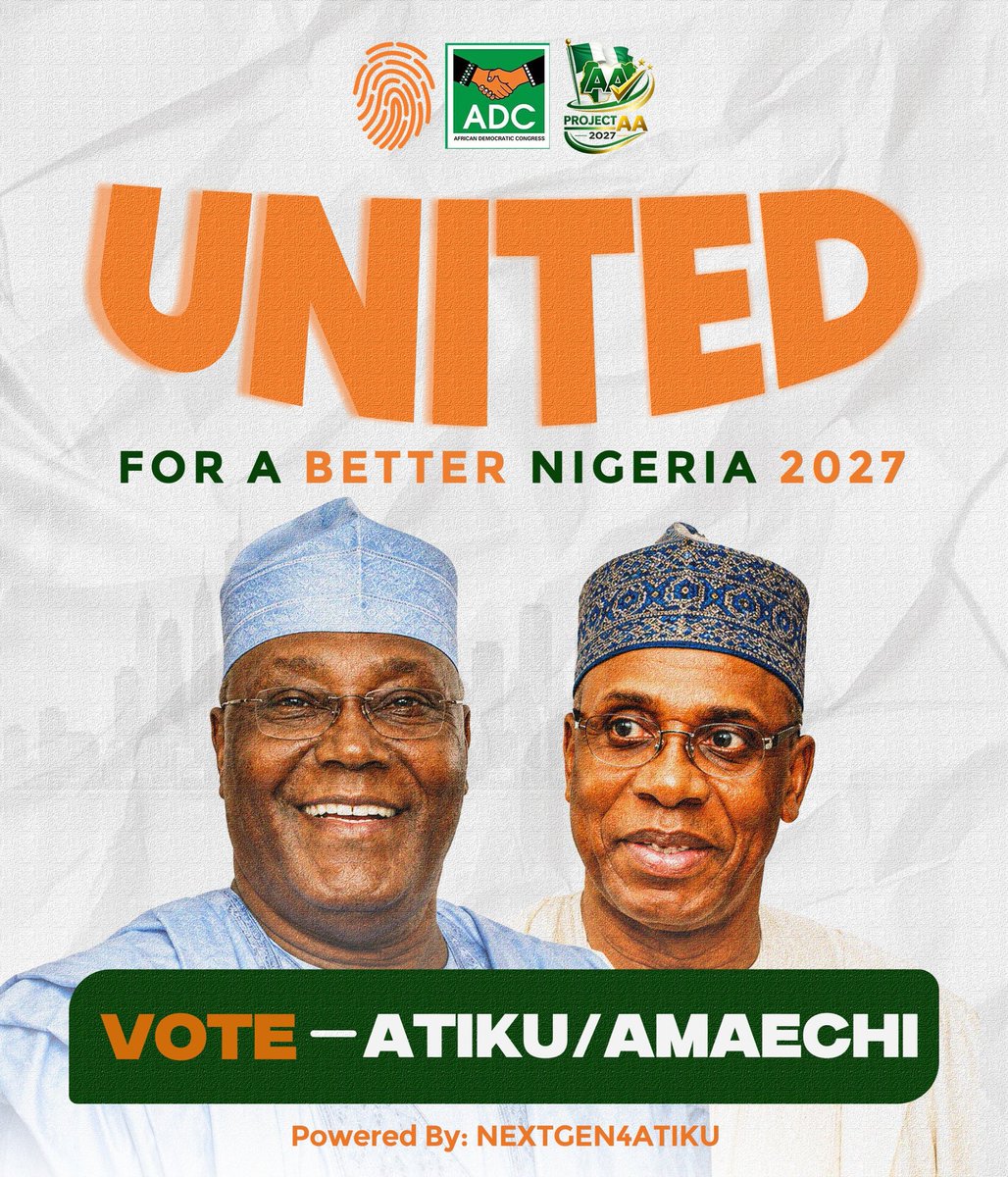 Mohammed34366's tweet photo. Atiku is the Unifier and at this critical time of disunity cause by APC through Hunger, Insecurity and Unemployment.

the right persons to come and rescue this Nation is @atiku/@ChibuikeAmaechi supporting them is supporting the Unity of this Country.

Vote ADC 
Vote Atiku/Amaechi https://t.co/k8Gi0fm9Tc