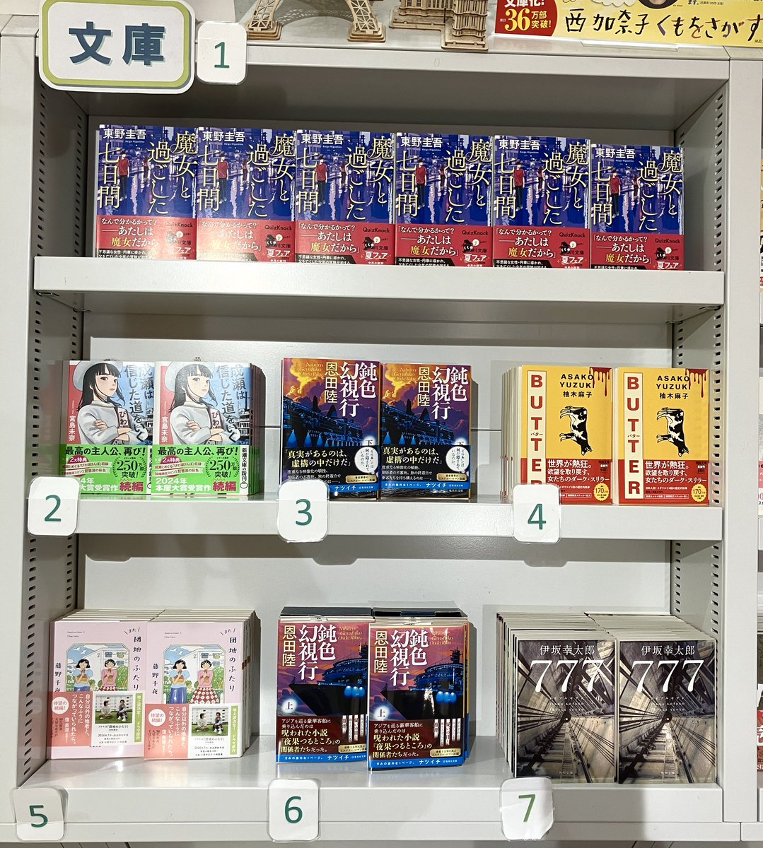 maruzen_mito's tweet photo. 【文庫ランキング】（7/6～7/12)
・1位 東野圭吾「魔女と過ごした七日間」・2位 宮島未奈「成瀬は信じた道をいく」・3位 恩田陸「鈍色幻視行 下」・4位 柚木麻子「ＢＵＴＴＥＲ」・5位 藤野千夜「また団地のふたり」 https://t.co/buEo3z0vub