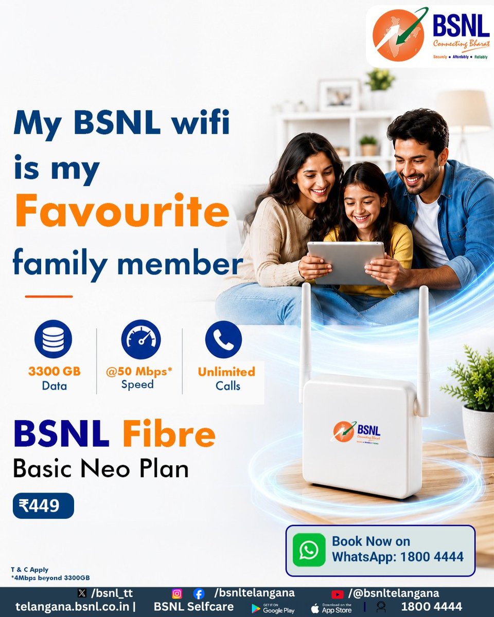 bsnl_tt's tweet photo. POV: Your Wi-Fi finally stops saying, "Please wait..." 😌⚡
Upgrade to the BSNL Fibre ₹449 Urban Neo Plan and experience smooth streaming, faster downloads, lag-free video calls, and uninterrupted browsing — all at an affordable price.

#BSNLFibre #UrbanNeo #HighSpeedInternet https://t.co/TF4sUjrps1