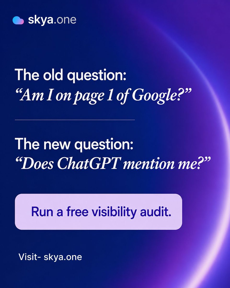 skya_one's tweet photo. Old search - type into Google, see blue links, click one. 👀

New search - ask ChatGPT, get a direct answer. Zero clicks. Just a name. 🔍

The old question: "Am I on page 1 of Google?"
The new question: "Does ChatGPT mention me?" 📊
Run a free visibility audit.

#SKYA #AEO https://t.co/9Rv2yd8QZN