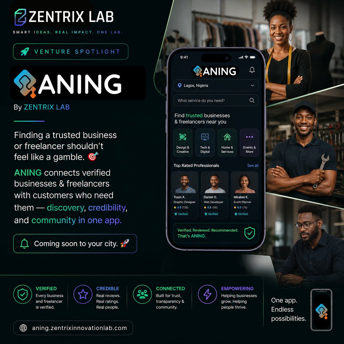 zentrix_lab's tweet photo. Finding a trusted business or freelancer shouldn't feel like a gamble.  
ANING connects verified businesses &amp; freelancers with customers who need them - discovery, credibility, and community in one app. 
Coming soon to your city. 🚀 
#ANING #ZentrixLab https://t.co/njVb4hFZpv