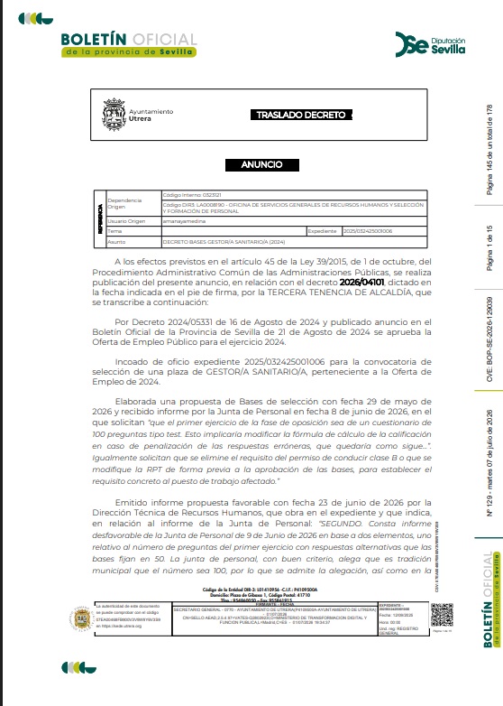 Seviempleo's tweet photo. 📍Bases de la convocatoria para la provisión, en turno libre, en Utrera, de 

1⃣ plaza de Gestor/a Sanitario

vía BOP [nº 129 - 07/07/2026] de @DIPUSEVI 
👉  https://t.co/leMByV7F7U

🗺️ #UtreraEmpleo #EmpleoPúblicoSE
💻🖱️ @CiudadUtrera https://t.co/jBnJ1zd4OU