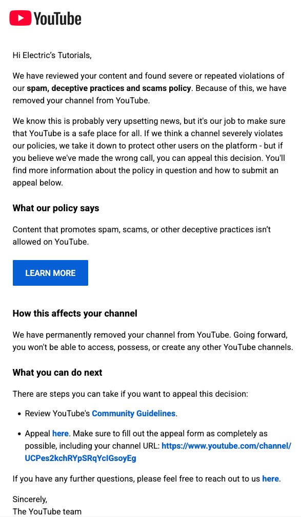 Bloxtric's tweet photo. .@TeamYouTube, on May 5, you guys terminated my "Electric's Tutorials" (https://t.co/kg4ukYFHWJ) and "ElectricDoesStreaming" channels. It's been about two months. Please review my appeal again, I believe my channels were terminated in error and I did nothing wrong. https://t.co/15E2FT3Ffn