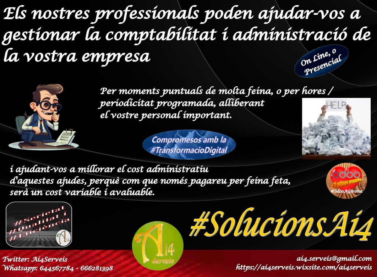 Ai4Serveis's tweet photo. #ExperienciaAmbValor per la #Diversitat i #Profunditat després de molts anys ajudant empreses de molts sectors diferents,
i amb moltes necessitats diverses. #SolucionsAi4 #ProfessionalsAi4 #ImplicacioTotal #FeinesAdministrativesADemanda https://t.co/JSsXuugBkj