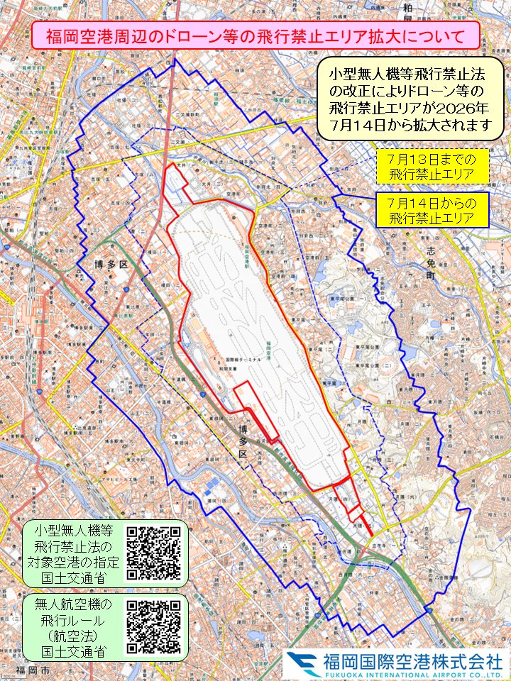 FukuokaAirport's tweet photo. ／
福岡空港よりお知らせ📢
＼

7/14（火）より福岡空港周辺のドローン等の飛行禁止エリアが1,000ｍに拡大されます。

詳しくはHPをご確認ください ↓
https://t.co/Tb1pEzlL0g https://t.co/8ic3GsD2tf