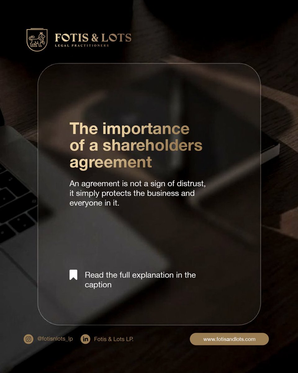 fotisnlotslp's tweet photo. A Shareholders Agreement is a document that governs the relationship between co-owners of a company. It sets out who owns what, how decisions are made, what happens if one party wants to leave, and how disputes are resolved.

Need one?
✉️ Info@

#FotisAndLotsLegalPractitioners https://t.co/5AmbY5cUGo