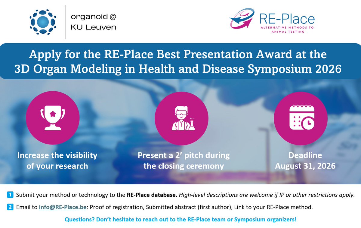 MiekeVanMulders's tweet photo. 🧬 Building a vibrant ecosystem for #3D organ/tissue models!

📅 Sept 14-15, 2026 @KU_Leuven
🏆 Featuring the RE-Place BEST presentation #award for progress in animal-free research methodologies!

Register for the #Organoid Symposium 2026 now!

https://t.co/3MPcWW7BX0 https://t.co/4PkGrREbMK