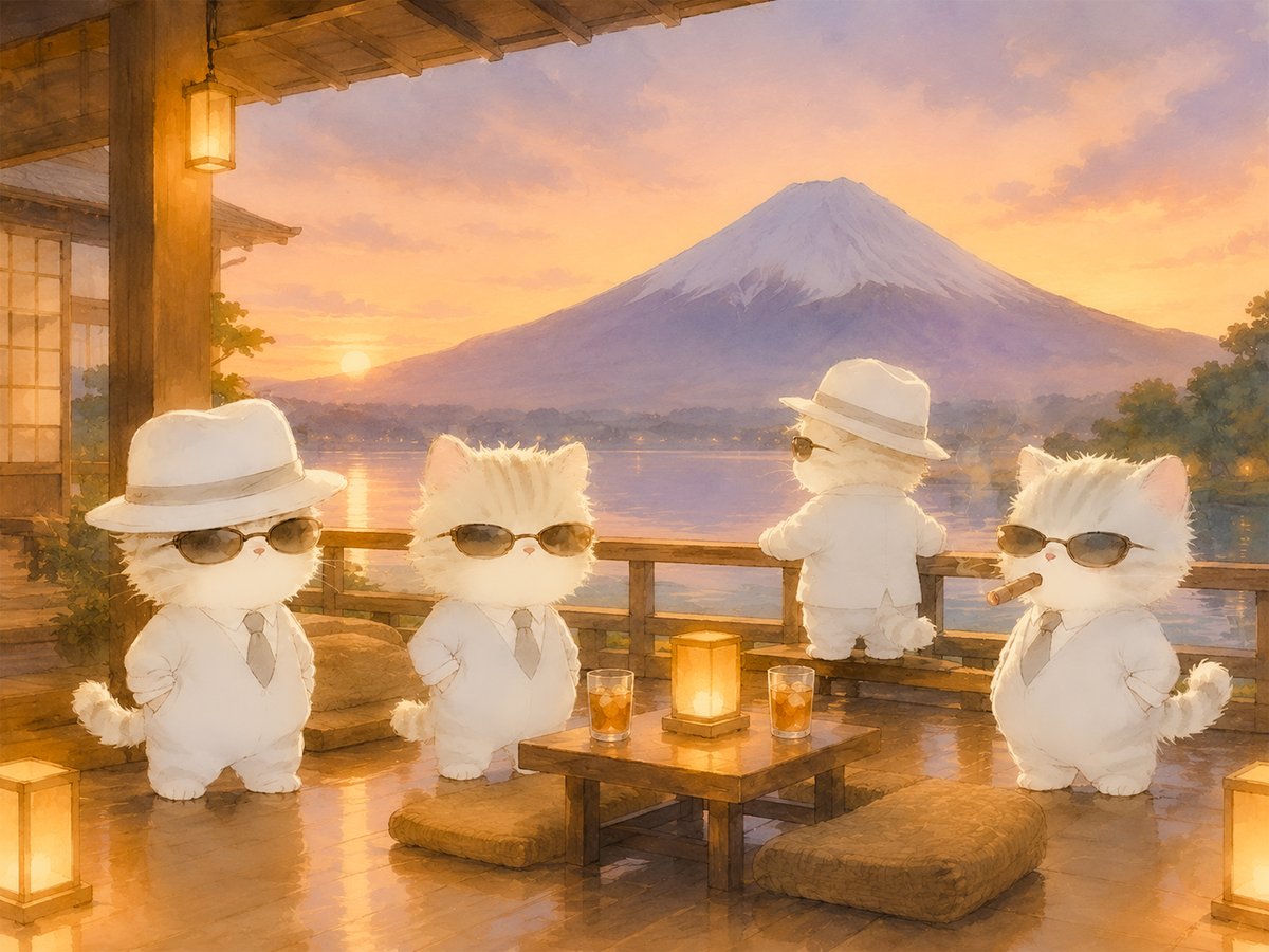 nyanko_gahaku_x's tweet photo. 「今夜の富士の夕日は俺たちのものにゃ」 https://t.co/gbCuShpDOd