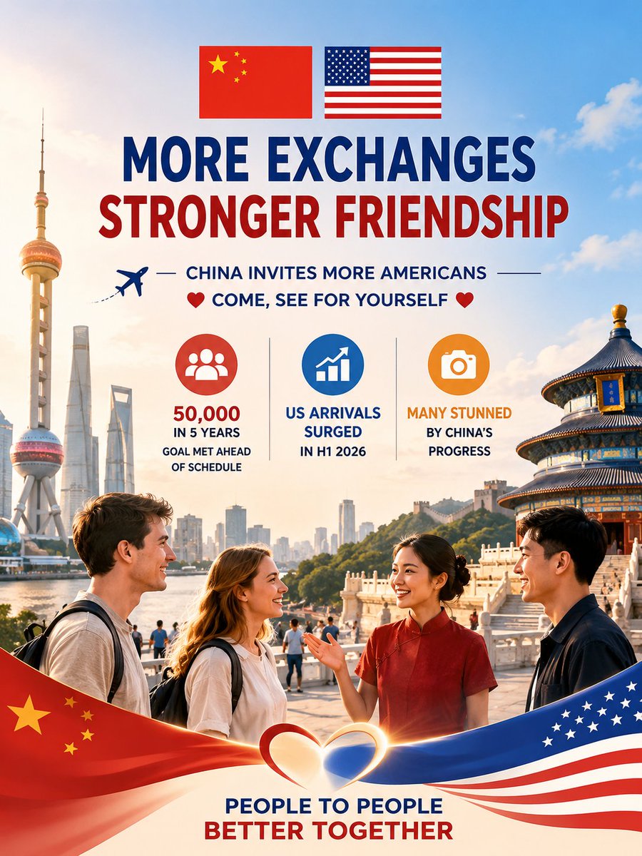 AnyaLi66's tweet photo. 🇨🇳🇺🇸 Rising US visits to China show that ordinary people can build friendship beyond political tensions. The early success of the “50,000 in 5 Years” initiative proves dialogue and exchange matter.
#ChinaUSRelations #Friendship #Dialogue #TravelChina #CulturalExchange https://t.co/d1ueIczqJF