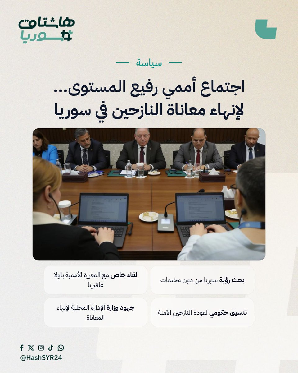 HashSYR24's tweet photo. اجتماع في دمشق بين اللجنة التوجيهية لرؤية "سوريا من دون مخيمات" والمقررة الأممية باولا غافيريا لبحث إنهاء ملف النزوح وتوفير بيئة عودة كريمة.
#هاشتاق_سوريا #HashSYR24 #سوريا https://t.co/S2Y4cgIYUB