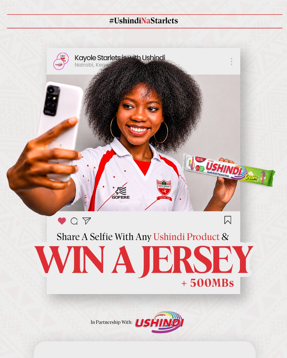 KayoleStarlets's tweet photo. MEGA GIVEAWAY ALERT! 🎉

We're giving away 5 Official Away Jerseys and 500MB data bundles to 20 lucky fans across the country!

🤳 Comment with a selfie featuring any Ushindi product.
❤️ The comments with the highest engagement will win an official Kayole Starlets Away Jersey.

#KSFC