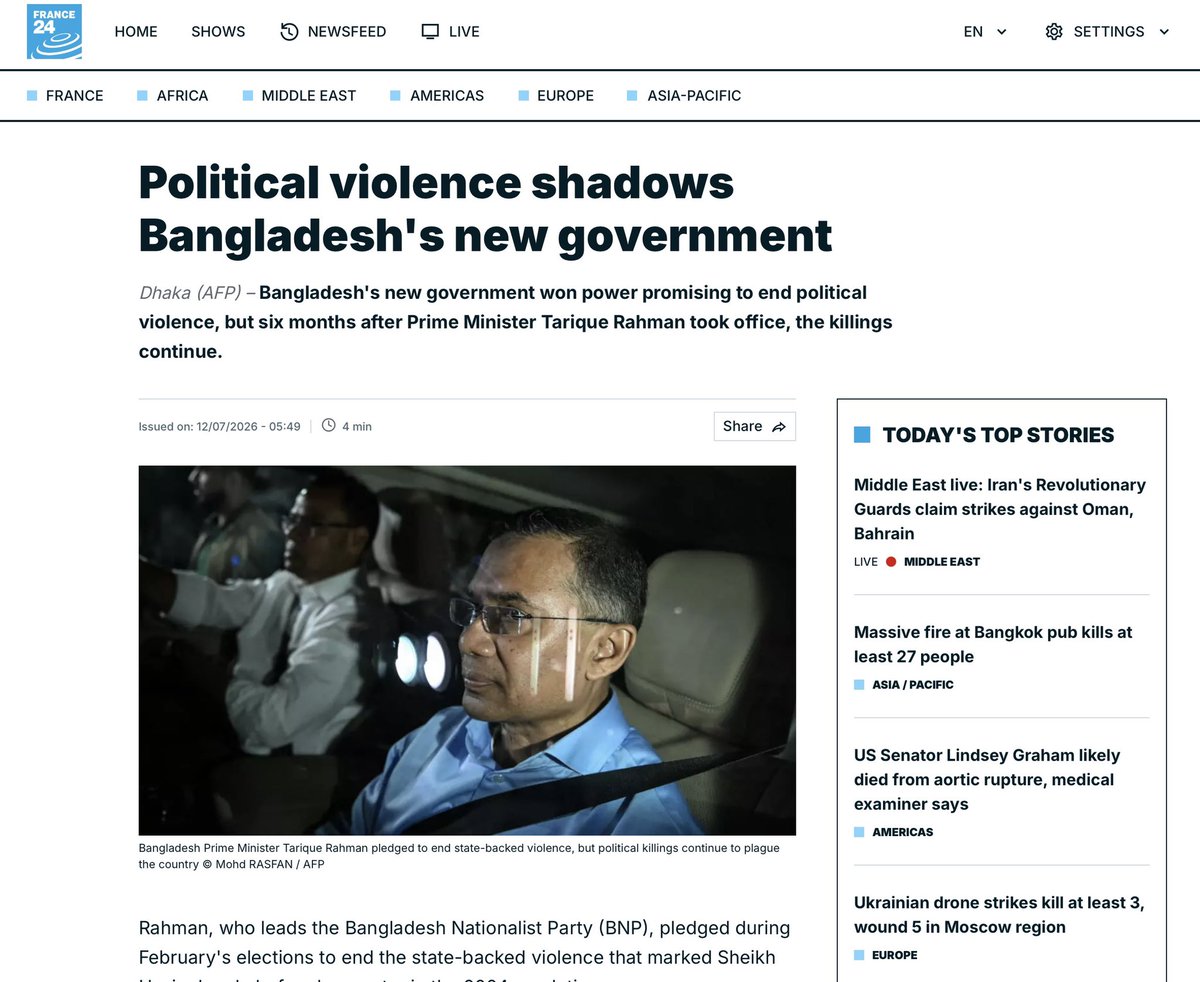 bdwatch2024's tweet photo. Political violence shadows Bangladesh's new government - @AFP Report. 

#Bangladesh's new government won power promising to end political violence, but six months after Prime Minister #TariqueRahman took office, the killings continue.

Rights groups say political rivalries, weak law enforcement and a culture of impunity are driving continued violence after the elections brought Bangladesh's first elected government to power since the uprising.

Prominent rights organisation Ain o Salish Kendra (ASK) recorded at least 66 politically related killings, along with 61 deaths in police custody, 11 extrajudicial killings and other alleged human rights abuses over the last six months.

"Deaths in jail and police custody appear to be rising," ASK senior official Abu Ahmed Faijul Kabir told AFP.

The government disputes that.

It insists the situation is improving and argues that the increase in reported killings reflects historic cases because surviving relatives only now feel secure enough to report them to police.

Others tell a different story. 

In June, 17-year-old Mohammed Suman joined a rally held by Hasina's Awami League. The rally was banned…and Suman vanished.

Three days later, police recovered the teenager's rotting corpse from the Turag River in Dhaka, along with the bodies of two others.

Suman's family said they pieced together what happened from friends, who said police and a mob broke up a flash Awami League rally, forcing them to flee by boat across the river.

"We have heard that, after being chased by local BNP leaders, they crossed the river only to encounter police," said Supreme Court lawyer Arif Sarkar Pavel, who is representing seven men arrested during the same incident and held under anti-terrorism laws.

"Some people also beat them with bamboo sticks after they jumped into the river," he added. "Police are trying to bury the truth."

Police have denied accusations of brutality and said that there was "no incident" of killing. 

The violence has included local power struggles within the political parties, with at least two BNP leaders themselves getting killed in intra-party turf-wars in June 2026. 

The political violence comes against a backdrop of continued violent crime, with police statistics recording an average of at least 10 murders a day, including 1,238 murders between March and June.

Read Full Report: 

https://t.co/5iSeA7Aye3

…

#BangladeshCrisis #PoliticalViolence #Impunity #RuleOfLaw @BBCWorld @Sabir59 @TheDavidBergman @HannahEP @CordeliaSkyNews @MujMash @paulocasaca1 @Chellaney @amnestysasia @hrw @ESandersFCDO @EURightsAgency @StateDRL @UNHumanRights @CharlieCamp6ell @cnni