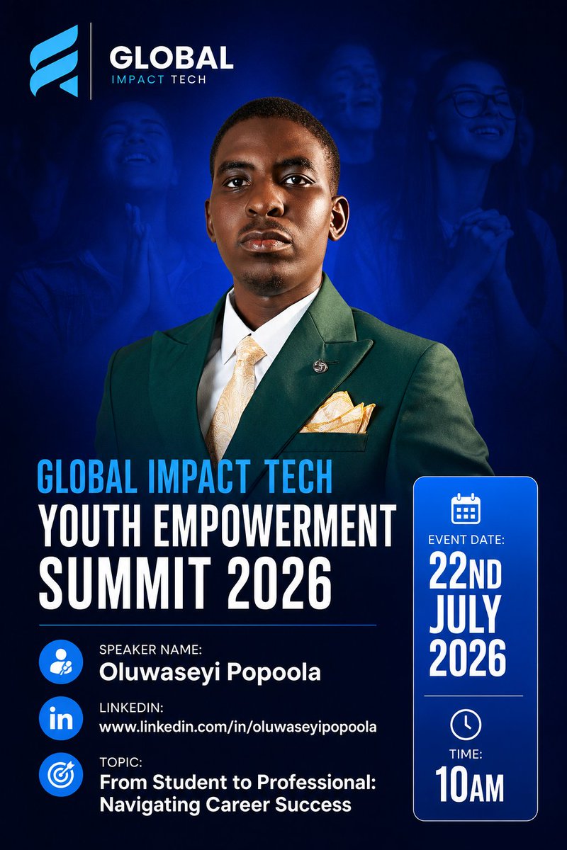 gimpacttech's tweet photo. SPEAKER SPOTLIGHT
 
Meet one of our distinguished speakers for the Global Impact Tech Youth Empowerment Summit 2026!
 
Join us as Oluwaseyi Popoola

 📅 22nd July 2026
 🕙 10:00 AM (WAT)
 🌐 Zoom
 🔗 Register: https://t.co/70o1d0jJG6 https://t.co/bdZWlKsSej