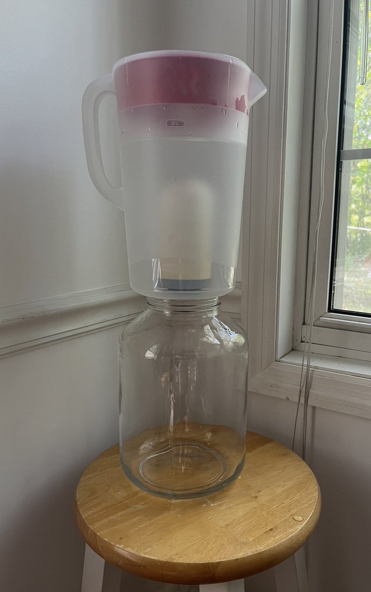 wncheatfairy's tweet photo. This inexpensive gravity powered water filter setup works great and removes all the bad stuff. The fancy stainless steel housing units are nice but lots more expensive. This is a replacement filter element for a stainless setup mounted in the bottom of a gallon plastic pitcher from the grocery store dripping into a gallon glass jar. Various manufacturers sell the filter elements, this is an Alexapure from the Infowars store. Was using it for well water in Fairview before Helene, filtered all of the water I collected from various sources during the 10ish days without electricity before the well worked again, and still using it now to filter Asheville city water. You only need the filter element and two containers, plastic top is fine, glass below is best. Works great, same as the high dollar style but more affordable.
Photo is five days after Helene.
2 October 2024 3:15pm.