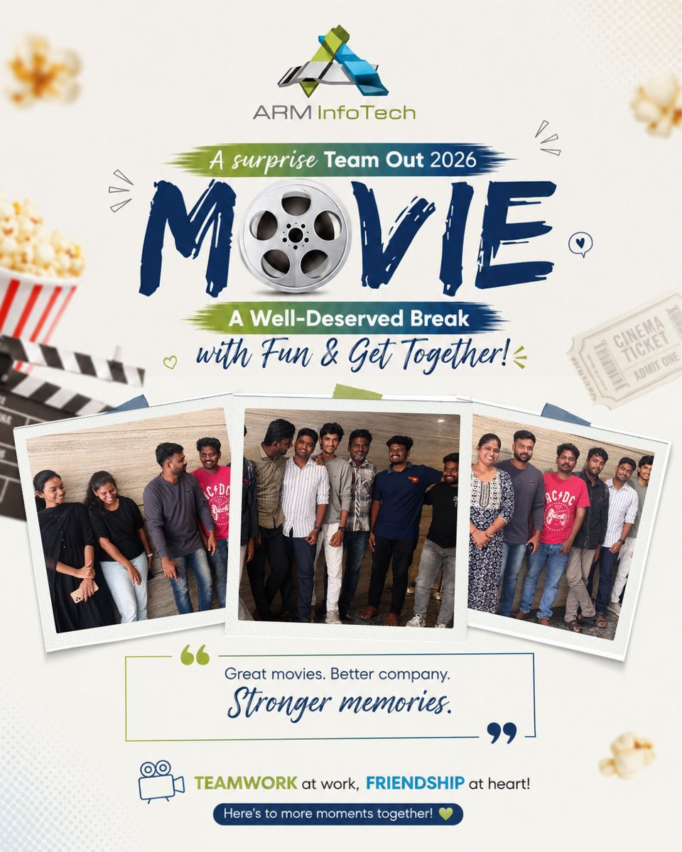 arminfotech's tweet photo. 🎬 Lights. Camera. Team Spirit! 🍿
A movie, a few laughs, and countless memories.
Because great teams deserve great moments beyond the workplace. 💙
#ARMInfoTech #MovieTime #TeamOut #EmployeeAppreciation #TeamBonding #OfficeLife #TogetherWeGrow https://t.co/YD1jXT1f2O