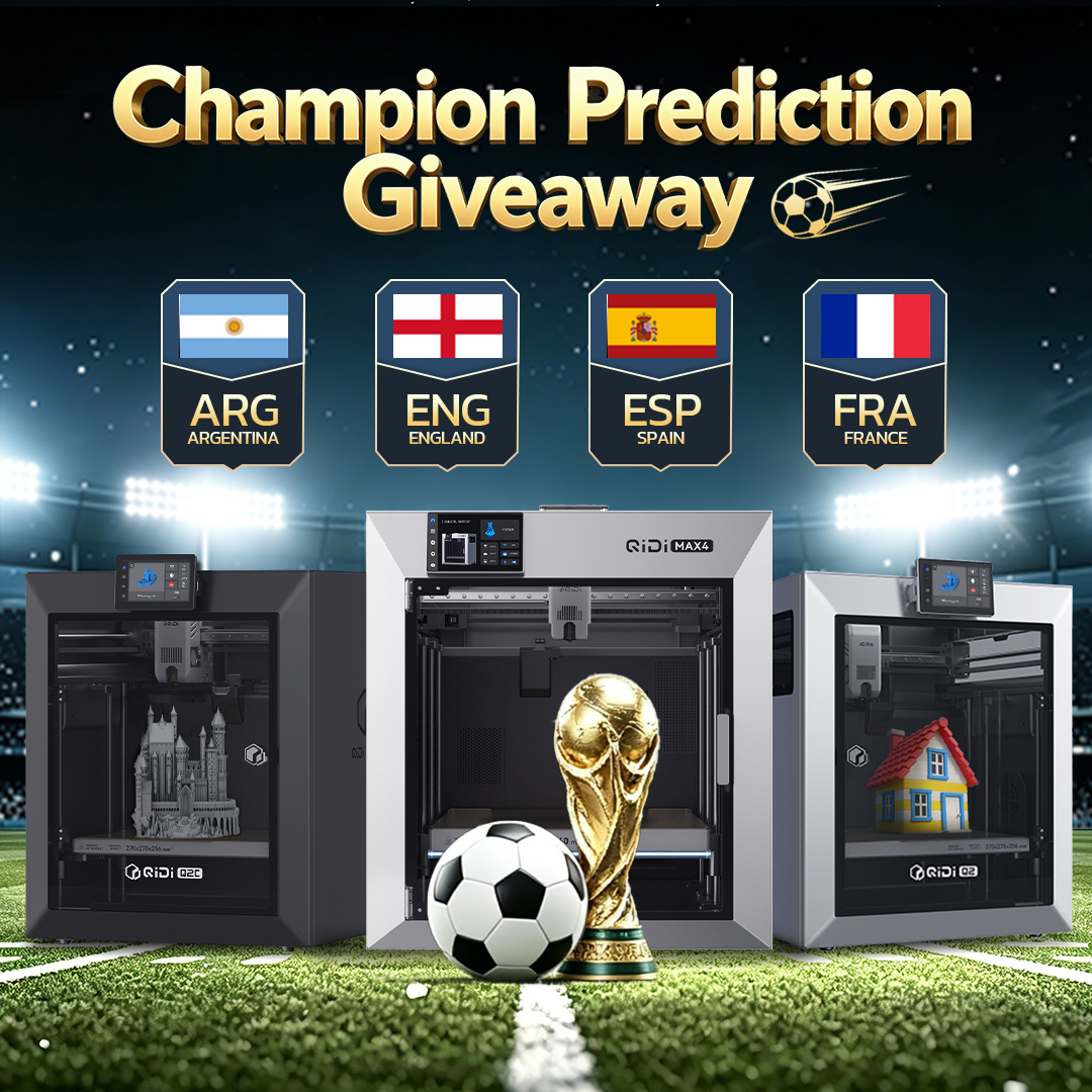 QIDI_3dprinter's tweet photo. Guess the Champion. Win a QIDI 3D Printer! 🏆

Which team will lift the World Cup trophy this year?
Drop your prediction in the comments for a chance to win a QIDI 3D printer and fuel your next big creation.

How to Enter:
👍 Like this post
👀 Follow us
💬 Comment below with:
· Your predicted champion
· Which QIDI printer you’d choose
🔁 Share this post to boost your chance of winning!

🎁Prize:
1 × QIDI 3D Printer (winner’s choice)
5 × 2kg filaments

⏰Deadline: July 19, 12 pm EDT / 6 pm CEST
Winner Announcement: July 22
Winners will be selected across Facebook, Instagram, X.
Good luck! ⚽🔥

#QIDI #Giveaway #FootballFans #matchday #worldcup