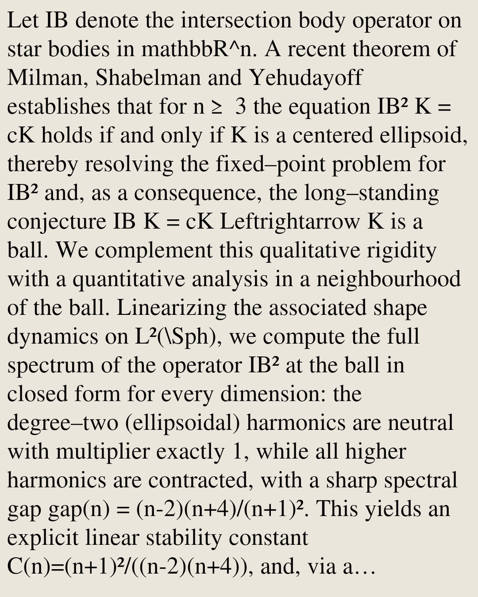 MetricGeometry's tweet photo. Quantitative stability of the intersection body operator near the ball, and the dynamical origin of the two–dimensional degeneracy

S. Spektor
https://t.co/nFqNhhfeHh [𝚖𝚊𝚝𝚑.𝙼𝙶 𝚖𝚊𝚝𝚑.𝙳𝚂] https://t.co/H9DEWLs25M